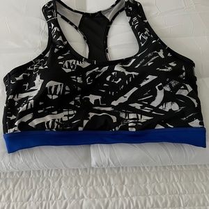 LuLaRoe Black & White Abstract Print Sports Bra with Blue Band